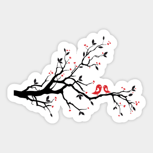 Kissing birds on love tree with red hearts Sticker